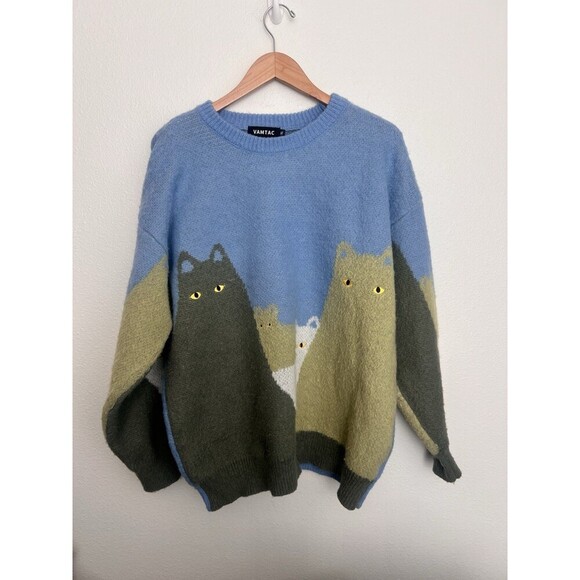 Vamtac Sweaters - VAMTAC Blue Cat Knit Sweater Oversized Kawaii Pullover Soft Cozy Thick Size XL
